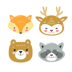 Set of vector woodland animals in cartoon style. Cute smiley fox, deer, bear and racoon faces