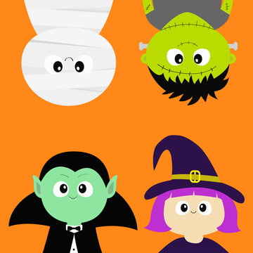 Happy Halloween. Vampire count Dracula, Mummy, whitch hat, zombie round face head body icon set. Hanging upside down. Cute cartoon funny spooky baby character. Flat design Orange background.