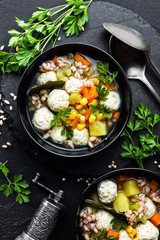 Delicious vegetable soup with chicken meatballs and pearl barley