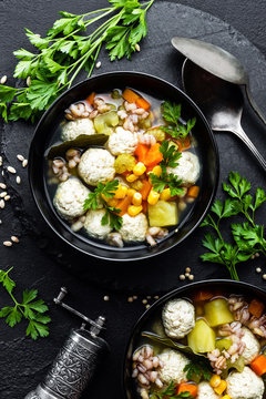 Delicious Vegetable Soup With Chicken Meatballs And Pearl Barley