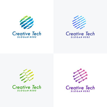 Set of Technology globe logo designs template, World Tech logo tmeplate
