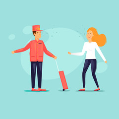 Bellboy pulls a suitcase helps a girl. Flat design vector illustration
