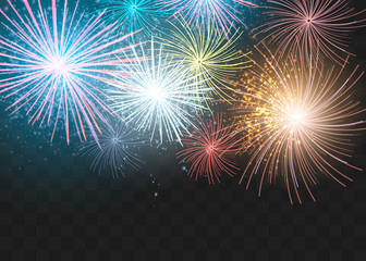 set of isolated vector fireworks on a transparent background.