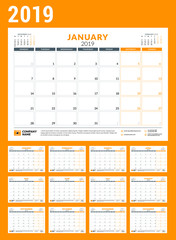 Calendar planner for 2019 year. Stationery design template. Vector illustration. Week starts on Monday