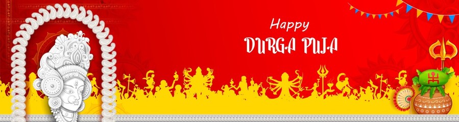 Goddess Durga Face in Happy Durga Puja Subh Navratri background