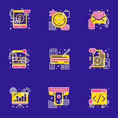 Set of 9 flat line business icons. Flat line illustration concept for web banner and printed materials. Vector illustration