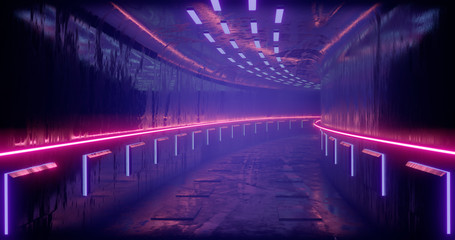Fototapeta premium 3D rendering illustration. Sci-Fi futuristic abstract gradient blue violet pink neon. A glowing corridor on the reflection of the concrete floor. A dark interior room.