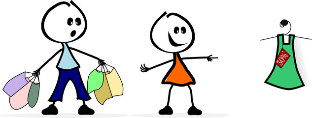 Witzige Strichfiguren beim Shopping