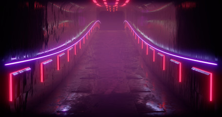 3D rendering illustration. Sci-Fi futuristic abstract gradient blue violet pink neon. A glowing corridor on the reflection of the concrete floor. A dark interior room.