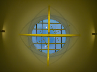 glass dome with wooden beams and lighting