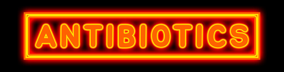 Antibiotics - glowing text on black background