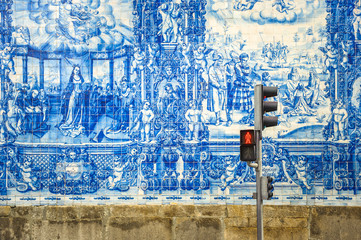 Street of Porto, decorated with azulejos tiles - obrazy, fototapety, plakaty