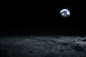 Obraz premium Moon surface and Earth on the horizon. Space art fantasy. Black and white. Elements of this image furnished by NASA