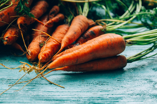 lot of carrots on a wooden background