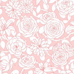 Vector repeat pattern with lily, chrysanthemum, camellia, peony and rose flowers outline on the pink background. Seamless floral ornament of blossoms in sketch style. For fabric, wrapping paper