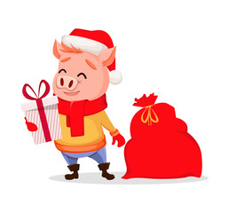Merry Christmas. Cute pig wearing Santa Claus hat