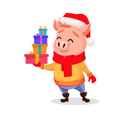 Merry Christmas. Cute pig wearing Santa Claus hat