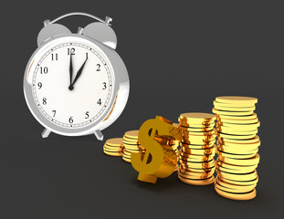 Alarm clock and stacks of coins. 3d illustration