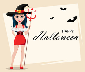 Happy Halloween. Greeting card with sexy witch