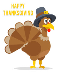 Thanksgiving turkey in pilgrim hat flat design vector illustration
