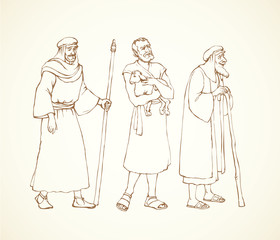 Shepherd holding a lamb. Vector drawing