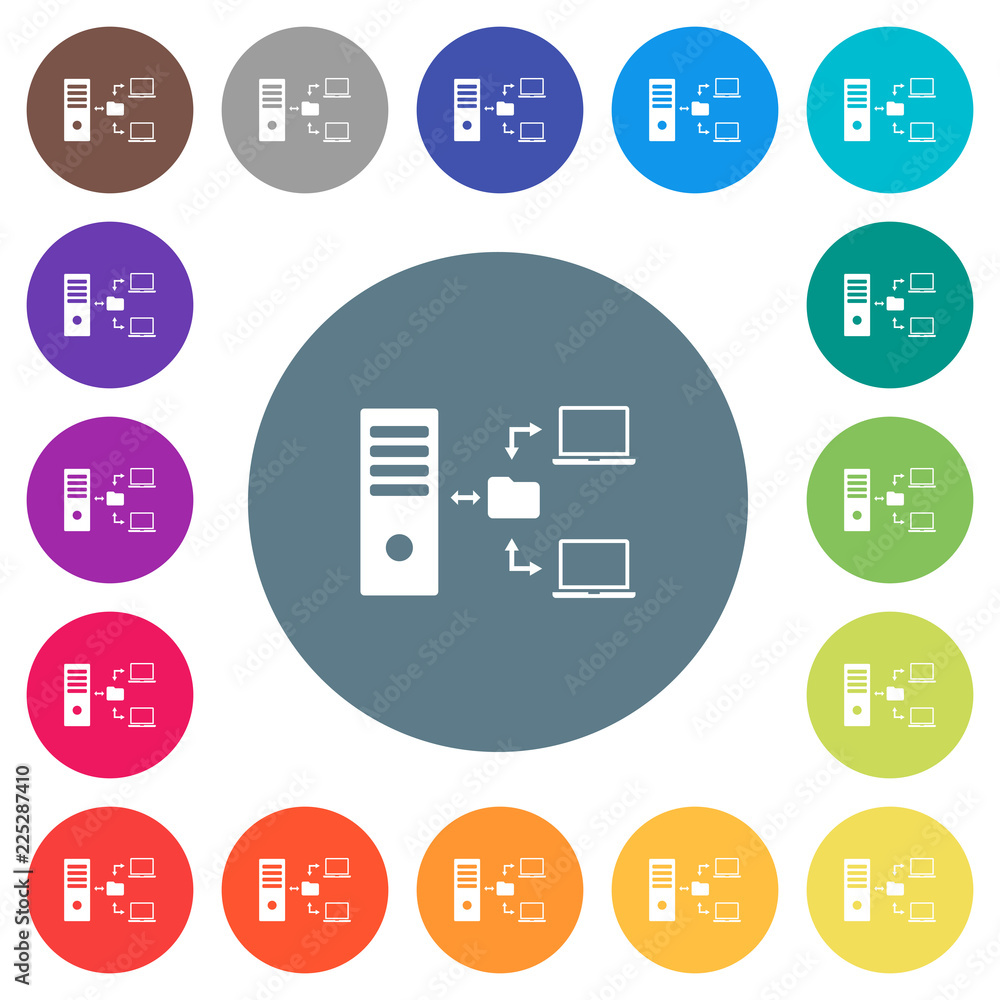 Poster network file system with server flat white icons on round color backgrounds