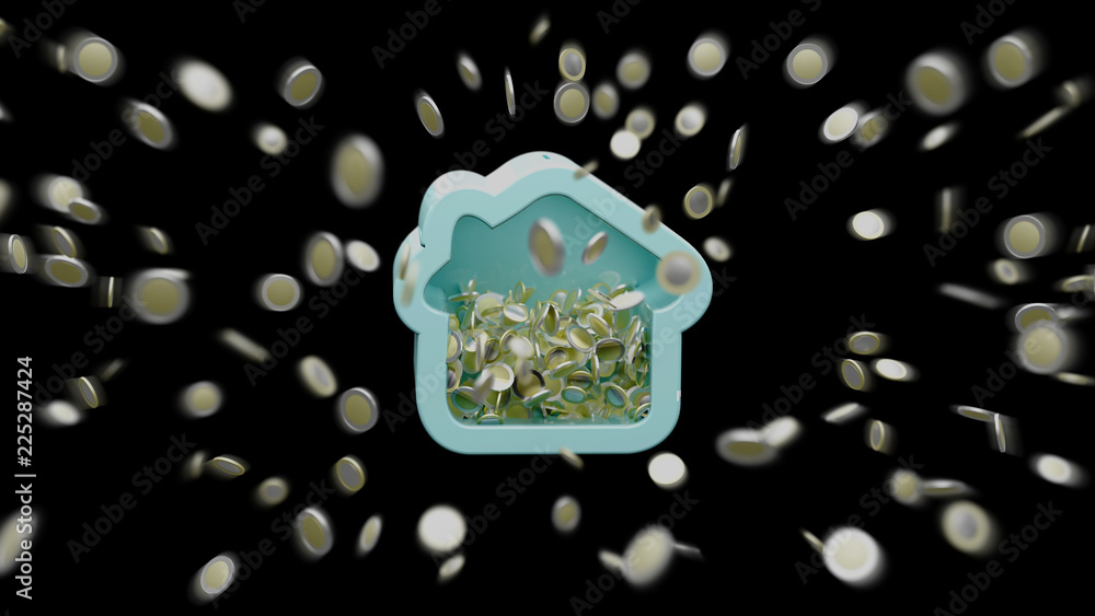 Poster house moneybox with coin surrounding all over on a background 3d rendering