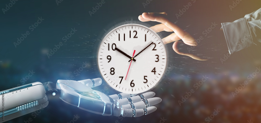 Poster cyborg hand holding a clock timer 3d rendering