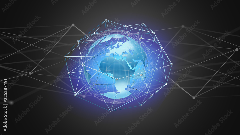 Poster connected network over a earth globe concept on a futuristic interface - 3d rendering