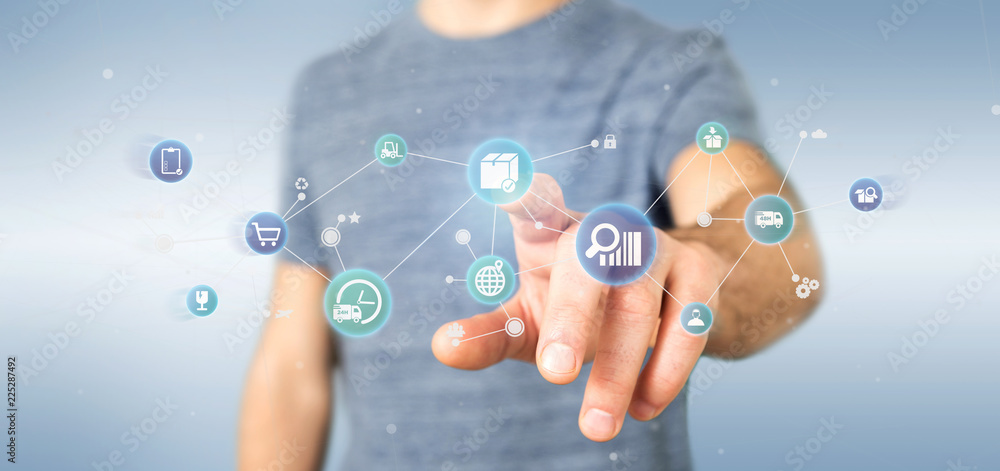 Poster businessman holding a logistic organisation with icon and connection 3d rendering