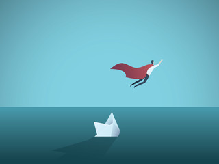 Business superhero flying away from a sinking ship. Symbol of leadership, strength, courage, confidence and success.