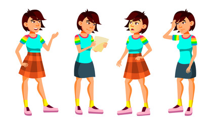 Asian Teen Girl Poses Set Vector. Active, Expression. For Presentation, Print, Invitation Design. Isolated Cartoon Illustration