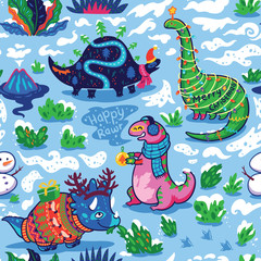 Obraz na płótnie Canvas Seamless pattern with cute funny holiday dinosaurs in sweaters, hats and scarves.