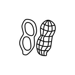 lack & white vector illustration of peanut with nutshell. Line icon of whole & cracked groundnuts. Vegan & vegetarian food. Health eating ingredient. Isolated object