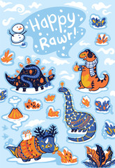 Holidays card with dinosaurs in cartoon style. Vector illustration