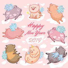 Pigs with wings in the clouds, 2019 happy new year card. Cartoon characters