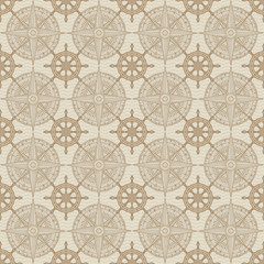 Vector seamless background on the theme of nautical travel, adventure and discovery. Wind roses and steering wheels in retro style on beige background with waves