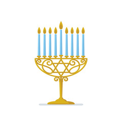 Hanukkah gold menorah. Jewish holiday. Hanukkah gold Menorah with blue candles on white Background.