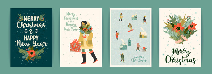Fototapeta na wymiar Christmas and Happy New Year templates. Trendy retro style.