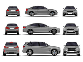 realistic cars set. front view; side view; back view.