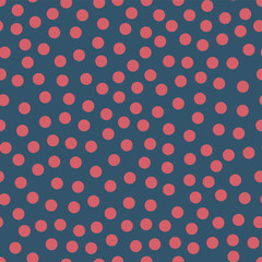 Seamless repeat vector pink dots on blue background. Randomly placed polka dots seasonal pattern. Great coordinate for autumn, fall, Thanksgiving, summer, web backgrounds, page fill, web banners
