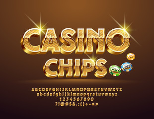 Vector Golden pattern text Casino Сhips with Illustration. Luxury 3D Font. Sparkling elegant Alphabet Letters, Numbers and Symbols