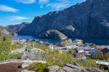 Fototapeta premium Small lofoten village lost in the middle of a fjord, Norwey.