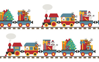 Fototapeta premium Christmas train with bear, reindeer, gifts. Seamless pattern for children