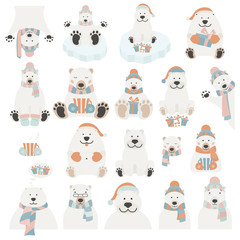 Cute polar bear sticker set. Elements for christmas holiday greeting card, poster design