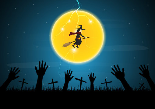 Halloween zombie hand cross moon witch thunderbolt vector