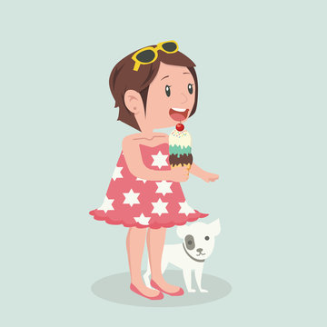 Girl eat ice cream cone with dog