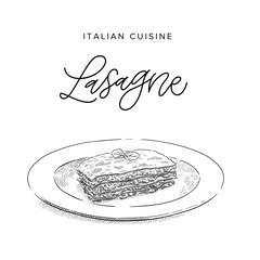 italian beef pasta lasagne on a plate, sketch style vector illustration
