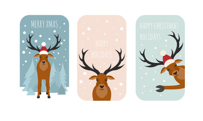 Cute reindeer sticker icon set. Elements for christmas holiday greeting card, poster design