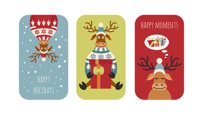 Fototapeta premium Cute reindeer sticker icon set. Elements for christmas holiday greeting card, poster design